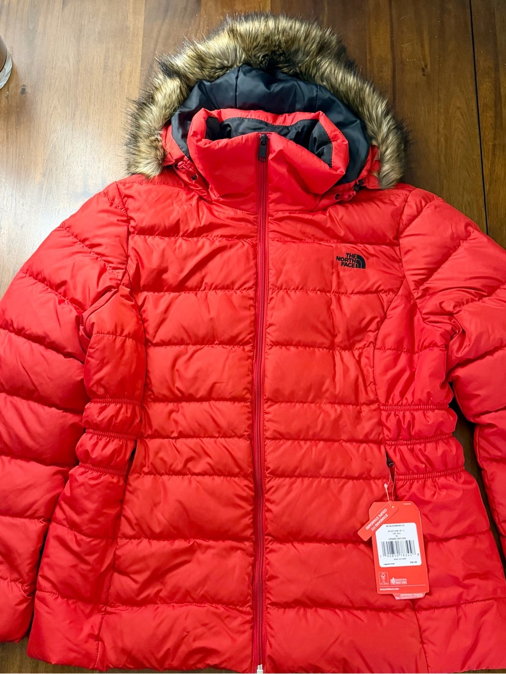 The North Face Red Insulated Hooded Puffer Jacket with Faux Fur Trim